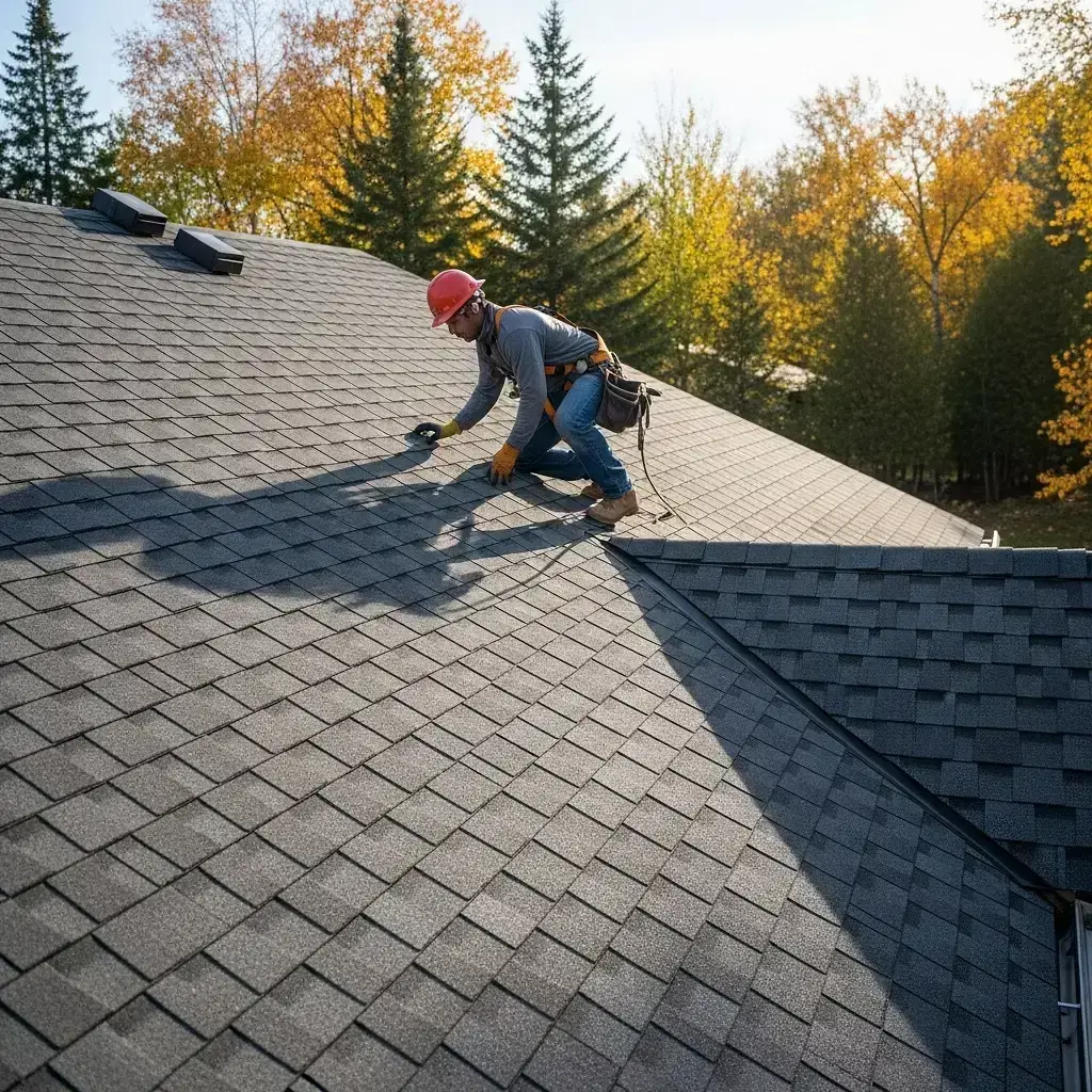 Roofer on an asphalt shingle roof with two box exhaust vents near the ridge